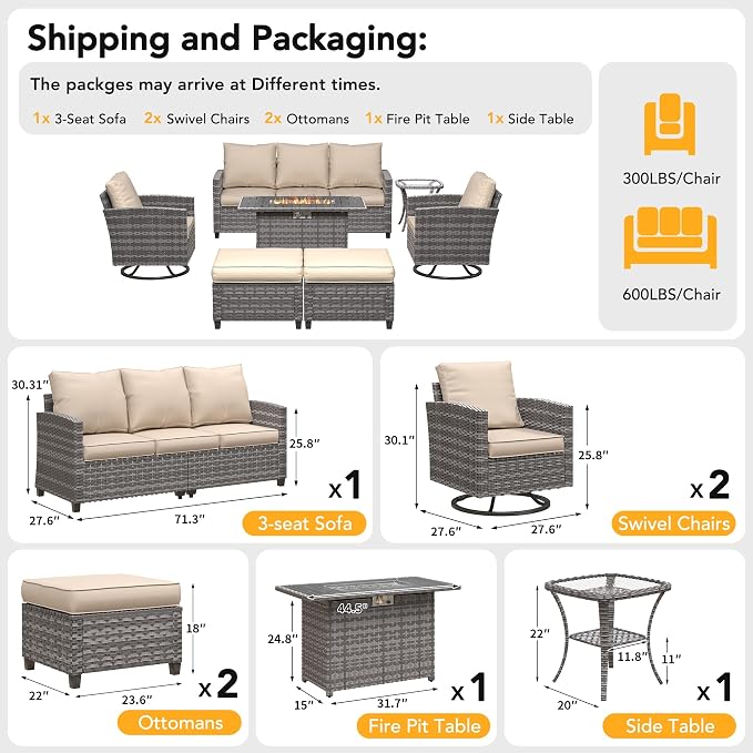 7 Pcs Outdoor Furniture with 44" Fire Pit Table, Rattan Patio Conversation Sets with Swivel Chair, Gas Fire Pit, Ottomans, Side Table, 4" Thick Cushion, for Backyard Garden Deck,Khaki
