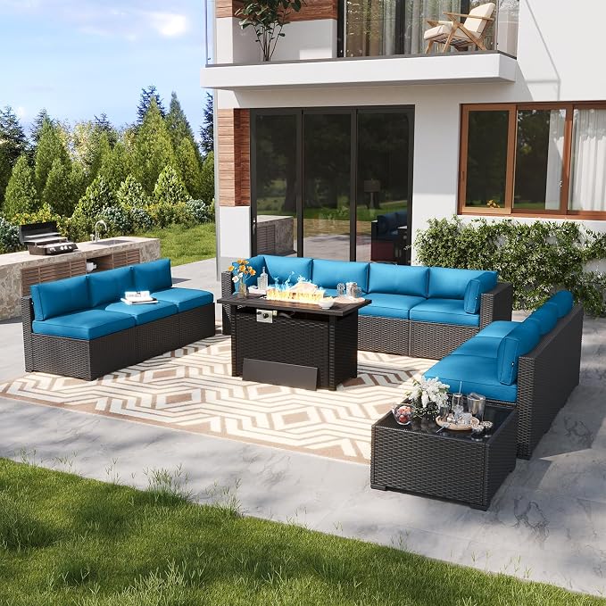 LazySunsets 12 Piece Outdoor Patio Furniture Set with 44'' Fire Pit Table, Outdoor Patio Furniture Sets with 4'' Thicken Cushion, Wicker Outdoor Conversation Set for Backyard & Garden, Peacock Blue