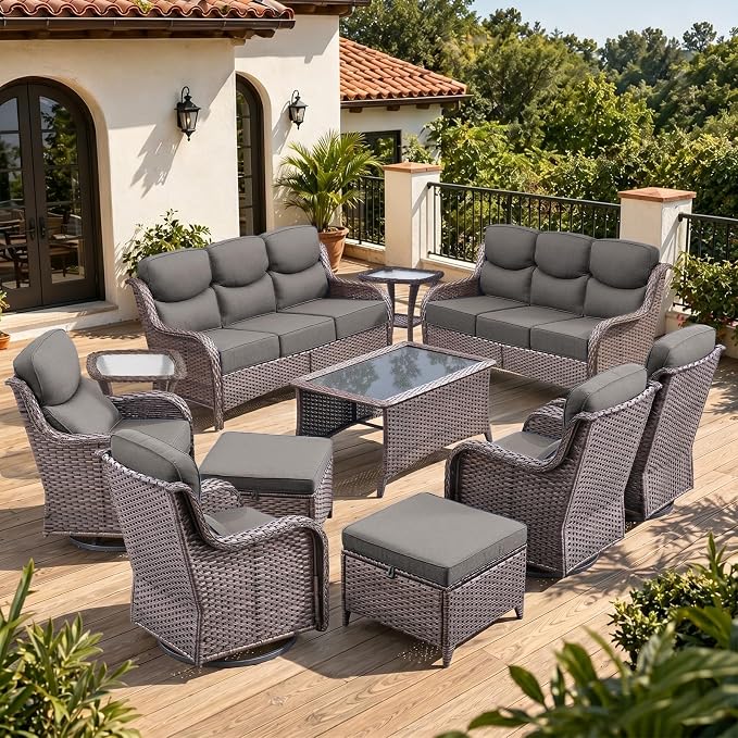 Luxury 6" Thick Cushion 11 Pieces Wicker Patio Furniture Set with High Back Swivel Rocker Chairs of 4, Outdoor Conversation Set with Patio Couch for Deck Porch Yard and Poolside