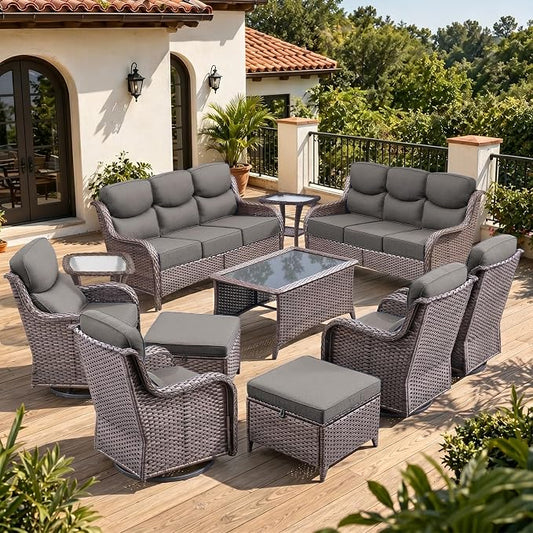 Luxury 6" Thick Cushion 11 Pieces Wicker Patio Furniture Set with High Back Swivel Rocker Chairs of 4, Outdoor Conversation Set with Patio Couch for Deck Porch Yard and Poolside