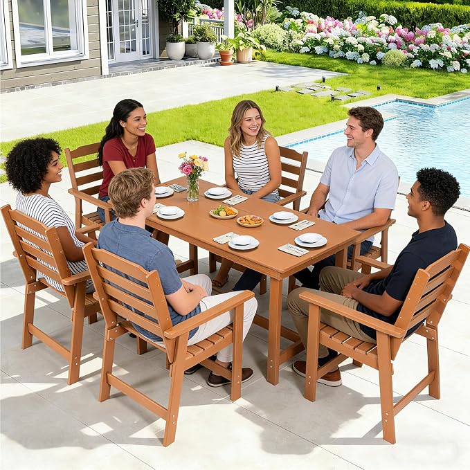 FUNBERRY Outdoor Dining Table, HDPE 6-Person Patio Table with Umbrella Hole | Wood-Grain, HDPE All Weather, No Rot or Rust or Crack, UV Fade Shield, 220LBS Weight Capacity, Easy-Clean for Outside