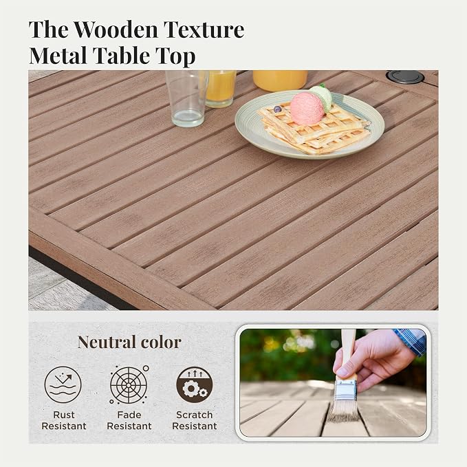 MIXPATIO 7 Pieces Patio Table and Chairs Set, Patio Dining Set for 6, 6 Textilene Chairs and 1 Wood-Like Rectangle Steel Table with Umbrella Hole, for Deck Backyard Lawn Poolside, Brown