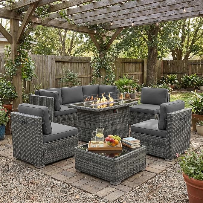 LayinSun 8 Piece Patio Furniture Set with Fire Pit Table, Outdoor Conversation Sets Wicker Rattan Sectional Sofa with Coffee Table