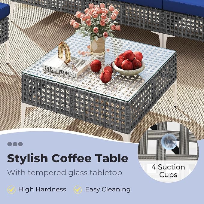 Tangkula 7 Piece Outdoor Furniture Set, Patiojoy Patio Wicker Sectional Cushioned Sofa Set with Coffee Table, for Backyard, Poolside, Porch and Lawn (Navy Blue)