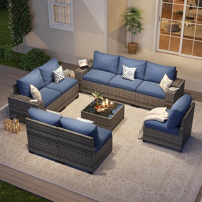 Aoxun Patio Furniture Set, 9 Pcs Outdoor Patio Furniture Sets with 4 in Thicken Cushion, Widen Armrests Wicker Outdoor Sectional for Backyard & Garden, Navy Blue