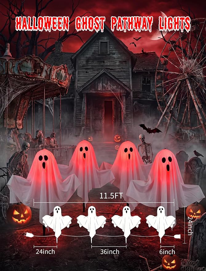 11.5FT Halloween Ghost Pathway Lights Outdoor, 4 Pack Hanging Porch lights | Adjustable Arms，Shatterproof, Waterproof, Plug in Halloween Decorations Outdoor for Lawn Driveway Garden Yard Decor