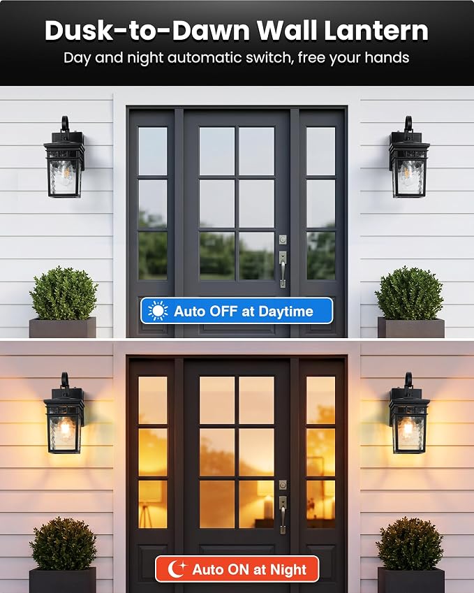 Gleamz Dusk to Dawn Outdoor Lighting with GFCI Outlet, Black Porch Lights Outdoor with Water-Ripple Glass, Anti-Rust Exterior Lights for House, Garage, Patio, Doorway, 100% Aluminum, Waterproof