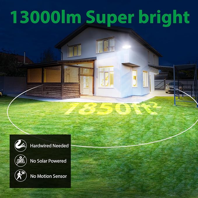 13000LM LED Flood Light Outdoor, Dusk to Dawn Security Light with Photocell, 130W Super Bright Hardwired Floodlight, 3 Adjustable Heads, IP65 Waterproof for Garage, Yard, Driveway, 6500K Daylight
