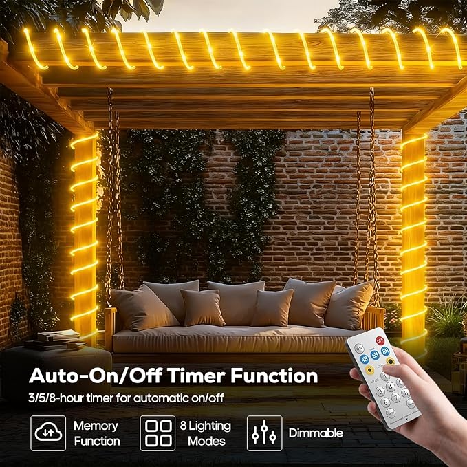 Solar Rope Lights, 66FT 200LED Outdoor Christmas Fairy Light (Warm White) | Type C & Solar, With Remote, Waterproof, Timing, 8 Modes, for for Garden Patio Porch Pool, Warm Christmas Decoration
