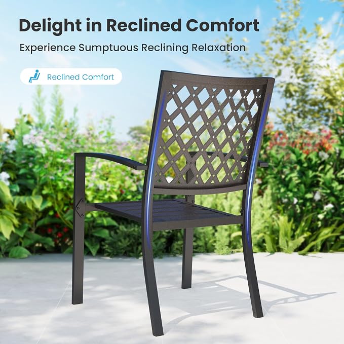 PHI VILLA 7 Pcs Outdoor Dining Set for 6&Fixed Swivel Chairs Combo | 60”Rectangular Black Metal Table with Umbrella Hole Patio Furniture Set for Patio, Deck, Backyard, Porch