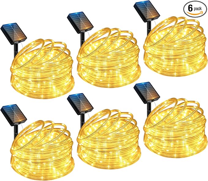 btfarm 6 Pack Solar Rope Lights Outdoor, 120LED 46FT Solar String Lights Outside Waterproof, 8 Lighting Modes Solar Powered Strip Tube Light for Garden Tree Christmas Yard Party Decor, Warm White