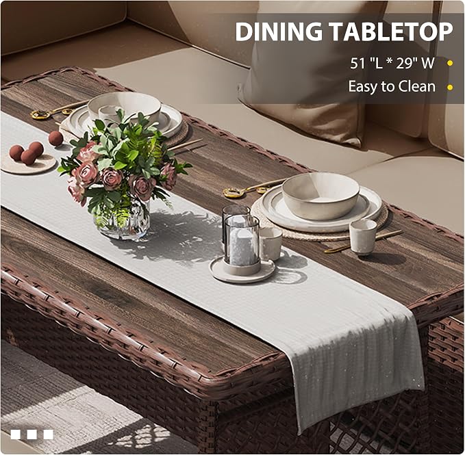KIGOTY 7 Piece Patio Furniture Set, Outdoor PE Wicker Rattan Outdoor Dining Set, Patio Table and Chairs Set, Patio Conversation Sofa Set with Dining Table and Ottoman(Brown-Camel)