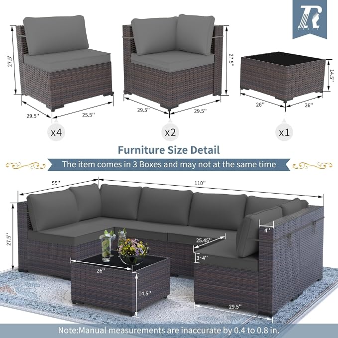 7 Pieces Outdoor Patio Furniture Set,Outdoor Sectional Furniture All Weather PE Rattan Wicker Patio Conversation Set with Coffee Table and 6 Thickened Cushions,Grey