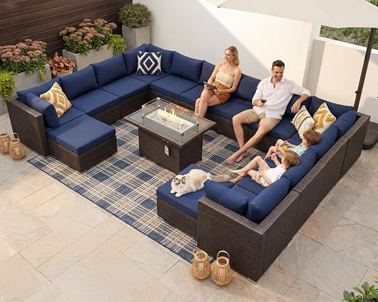 BULEXYARD 15 Piece Highback Wicker Patio Furniture Sets with Firepit, All-Weather Heavy Duty Outdoor Conversation Set Modular, Extra Deep Wide 14-Seats Sectional Couch Sofa for Backyard, Brown & Blue