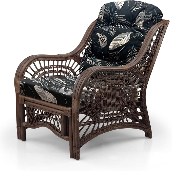 Malibu Lounge Set of 4: 2 Natural Rattan Wicker Chairs, Three-Seater Sofa and Coffee Table with Glass Handmade, Dark Brown Color with Black Leaf Cushions