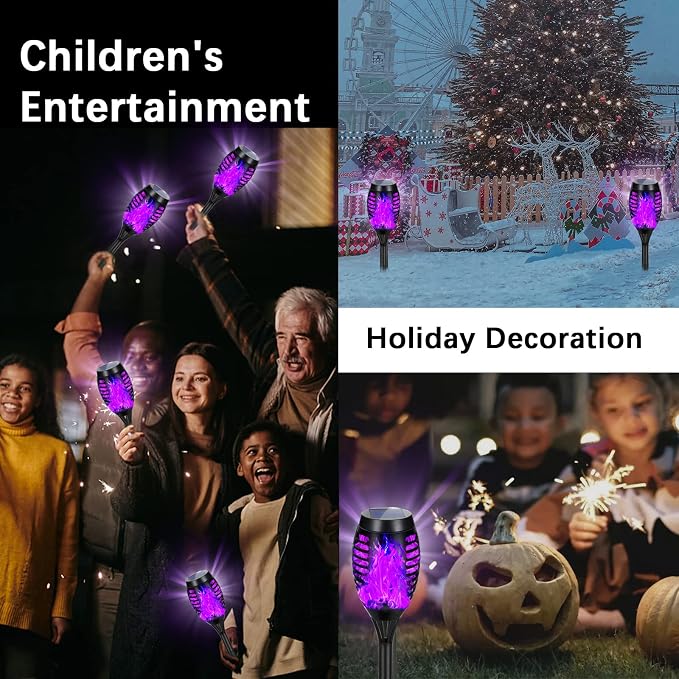 Purple Halloween Solar Lights Outdoor with Flickering Flame, 4 Pack | Halloween Decorations Solar Torch Lights, Waterproof Solar Halloween Lights Tiki Torches for Outside Patio Pathway Yard Decor
