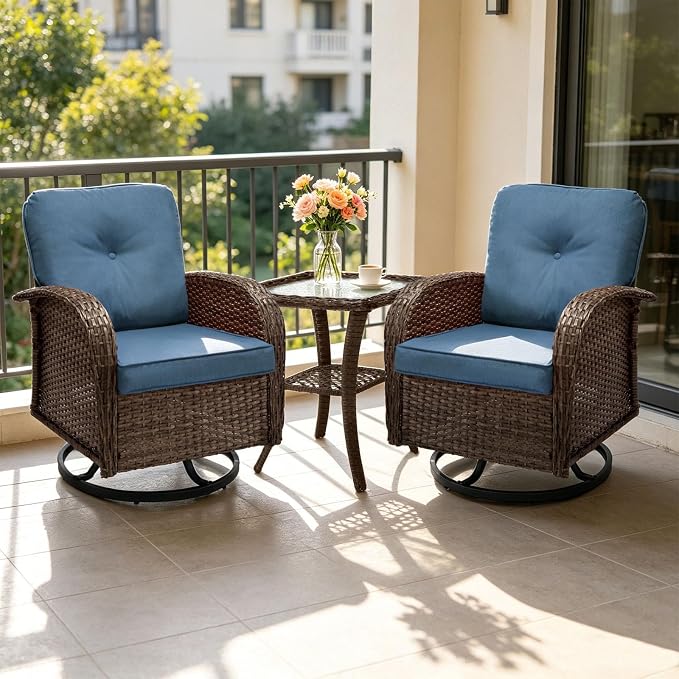 SHGJ&SOFT All Weather Patio Furniture Set, High Back Swivel Rocker Glider Chairs，Ottomans & Glass Tables, Outdoor Conversation Set for Deck Porch Yard Poolside (Blue, 3PCS-Swivle Chairs&Table)