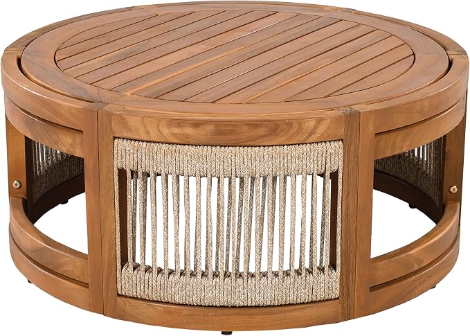 IRONORA Natural Acacia Wood Round Patio Coffee Table, Woven Rope Panel Drum Accent Cocktail Table, Slatted Top Outdoor Center Table for Backyard Balcony Living Room Coastal Farmhouse Decor