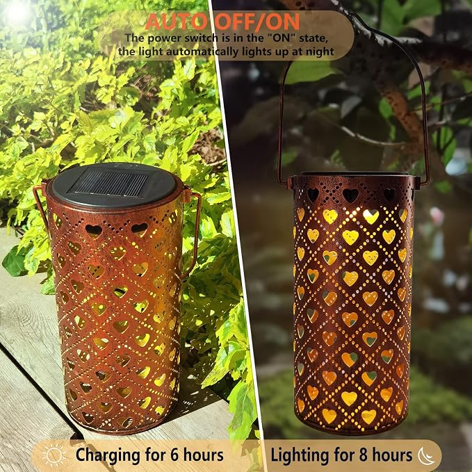 Solar Lanterns Outdoor Hanging Heart Pattern Decor Lantern,Waterproof Hollow Out Metal Decorative Garden Light,Graceful Decoration for Patio,Yard,Landscape,Walkway,Festival