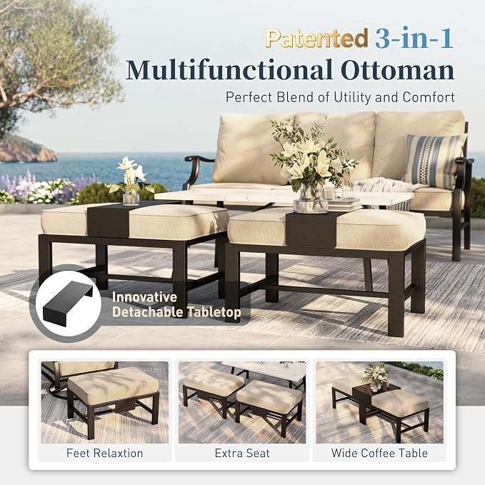 SUNSHINE VALLEY Patio Furniture Set, Modern Metal Outdoor Patio Furniture, 3 Seater Sofa, 2 Fixed Chairs, 2 Ottomans and 5.75" Extra Thick Cushion, Patio Conversation Set for Garden Backyard Deck