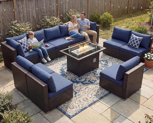 NICESOUL Modern Outdoor Patio Sectional Sofa Set with Firepit Natural Gas/Propane, 29.3'' High Back Wicker Conversation Set, 10 Seats Large Deep Seating Furniture, Brown Rattan and Navy Blue Cushion