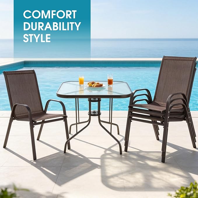 5 Piece Patio Dining Set with Wider 24.4" Stackable Chairs, Outdoor Dining Set for 4 with 36"*36" Table, Brown Metal Frame and Brown Textilene