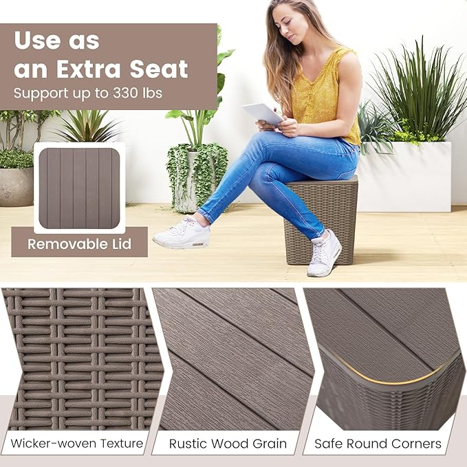 MEDIMALL Resin Wicker Patio Side Table with Lid, 11.5-Gallon Outdoor Deck Box with Concealed Storage Space, Small Square Coffee Table End Table for Porch, Garden, Poolside, Brown/Black (brown)