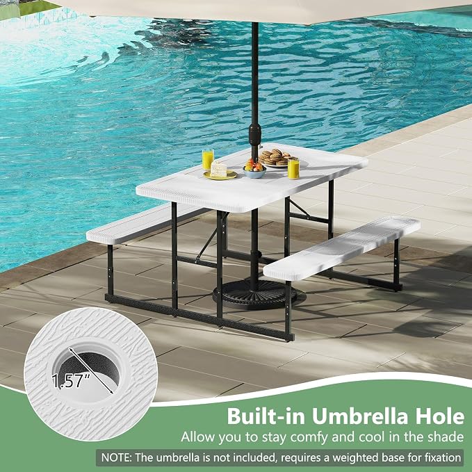 LDAILY Picnic Tables with Benches, Rectangular Dining Table Set for Outside 4 People, HDPE Tabletop, Metal Frame, Umbrella Hole, Heavy Duty Picnic Table for Outdoors, Patio, Lawn, Commercial (White)