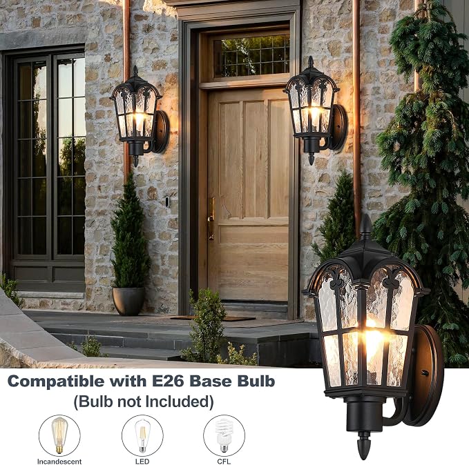 20’’ Extra Large Outdoor Wall Light Fixture, Exterior Wall Lantern Sconce | Waterproof, Rust-resistant, Matte Black, Water Ripple Glass, Quick & Easy Installation, Retro & Traditional