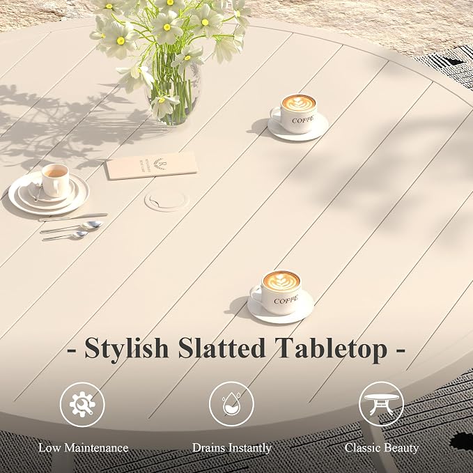 Outdoor Dining Table for 8, 60" Round Outdoor Table with Adjustable Umbrella Hole, All-Weather Metal Patio Dining Table for Lawn Garden Backyard Deck, Sandshell