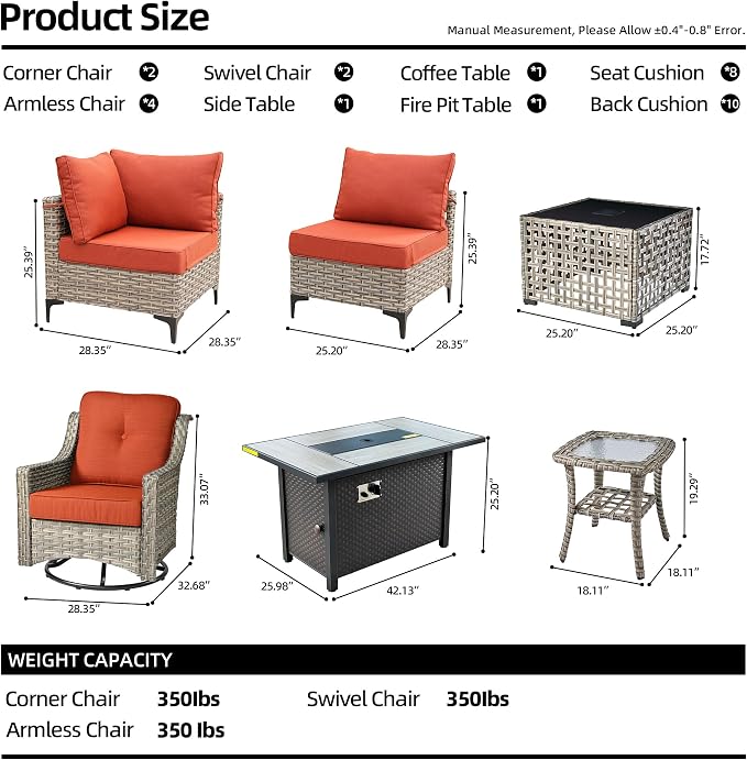 CAODOC 11 Pieces Outdoor Patio Furniture Set, Rattan Wicker Sectional Swivel Rocker Chairs Sets with Fire Pit, Swivel Glider Chairs, and Solar Powered Table