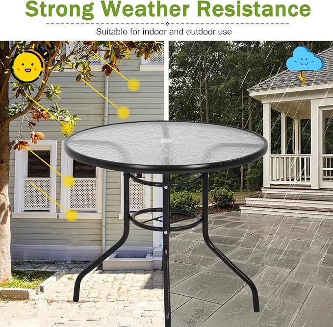 BLKMTY 32" Round Bistro Table Outdoor Furniture Garden Tables Patio Coffee with Tempered Glass Top Patio Glass Side Table for Backyard Lawn Balcony Pool, Black
