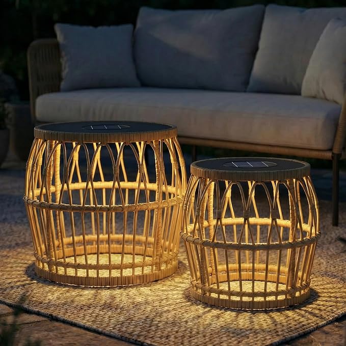 Solar Outdoor Side Table Set of 2, Boho Nesting Tables with Integrated Lighting, Round Rattan Coffee Tables for Patio, Balcony, Poolside & Porch