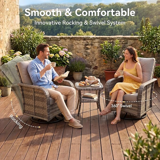 Aoxun 12-Piece Patio Furniture Set with 44” Fire Pit Table, Wicker Outdoor Sectional Sofa with High Back Swivel Rocker Chairs, Outdoor Patio Furniture Set with Thick Cushions & Ottoman, Grey