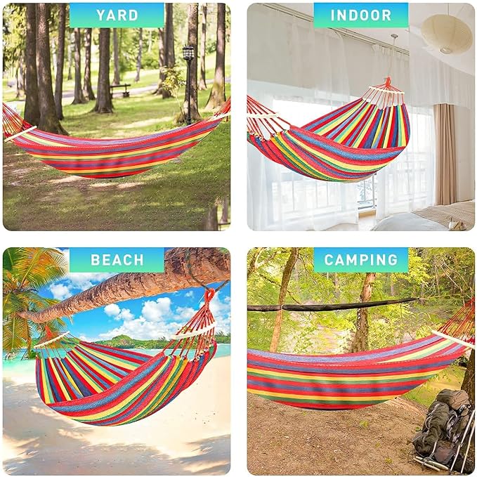 Double 2 Person Cotton Fabric Canvas Travel Hammocks 450 Lbs Ultralight Camping Hammock Portable Beach Swing Bed with Hardwood Spreader Bar Tree Hanging, 280 x 100 cm, Red