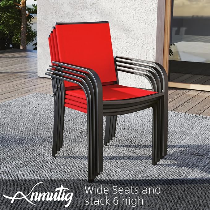 Outdoor Patio Red Stackable Chairs and 35" Square Table Small Dining Set 5 | 4 Piece Stackable Chairs, Textilene Seat&Back, Metal Table, Slat Table Top, 4 Person Use, 1.57" Umbrella Hole, All Weather