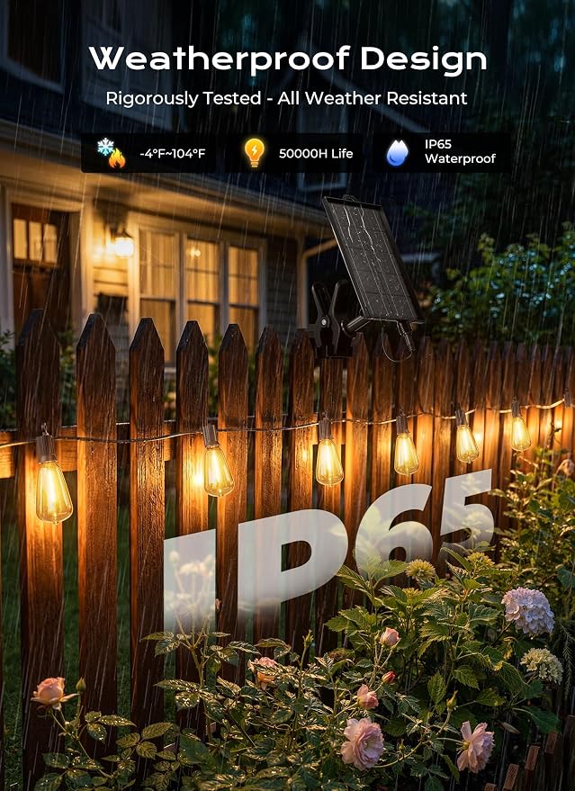 Brightown 108FT Solar String Lights Outdoor Waterproof, 26Hrs Runtime | 50+2 LED Bulbs, USB & Solar Powered, Remote Control & Dimmable Timer, Ideal for Backyard, Garden, Camping & Party Decor