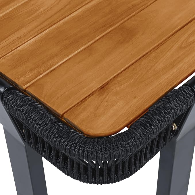 Acacia Wood Side Table, Square Outdoor End Table with Rope & Metal Frame, Small Outdoor Table for Patio, Garden, Poolside, Deck w/UV-Resistant Frame,120 lbs Capacity, Black+Teak