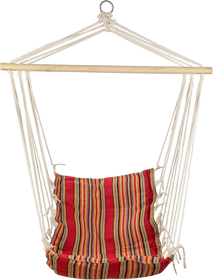 Striped Hammock Chair with Padding and Wooden Bar -34" x 21" - Red and Yellow