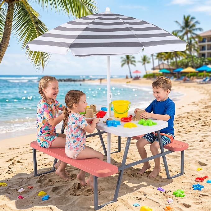 KOTEK Kids Picnic Table with Umbrella, Toddler Outdoor Table and Bench Set, Easy to Clean, HDPE Top & Metal Frame, 660LBS Capacity, Kids Patio Furniture for Backyard Park Garden