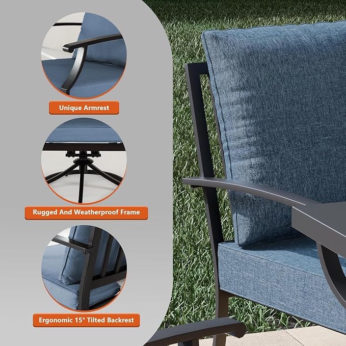 Kullavik 5 Piece Metal Outdoor Patio Furniture Set with Fire Pit Table,Outdoor Dining Table Set with 4 Fixed Chairs and 55000 BTU Outdoor Round Fire Pit,Navy Blue