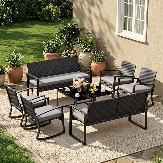 Ahomly 8 Piece Outdoor Patio Furniture Set, Outdoor Wicker Patio Furniture with Glass Coffee Table, Modern Rattan Rocking Chairs Conversation Set, for Porch, Garden, Lawn,Grey Cushion