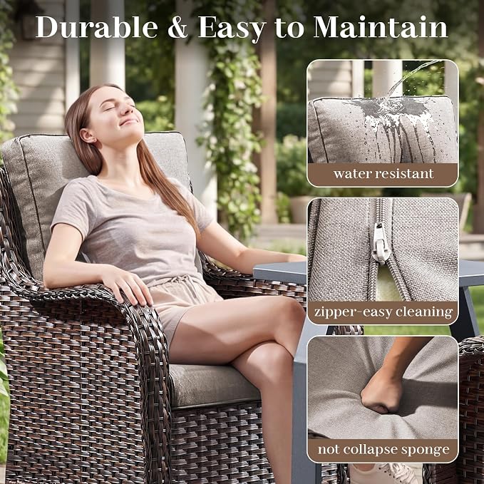 Rilyson Luxury Wicker Outdoor Conversation Set with Glider Rocker Chairs, 4 Pieces Patio Furniture Set with Rattan Swivel Rocker Chairs and Coffee Table All Weather Brown/Beige