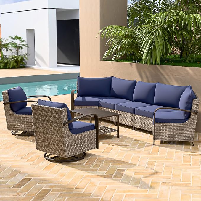 COOS BAY Aurora Terrace 6 Piece Outdoor Sectional Furniture Set, Half Moon Rattan Wicker Conversation Set with Swivel Chairs, 5 Seat Sofa & Coffee Table for Patio Garden Yard, Beige/Blue