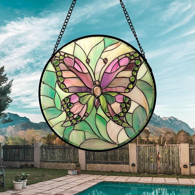 DASTOLL Stained Glass Window Hanging 4 Pcs Set Pink Green Insect Theme 9.8" - Butterfly Suncatcher Door Garden Sun Catcher Decor Birthday Christmas for Mom Woman Nana Men