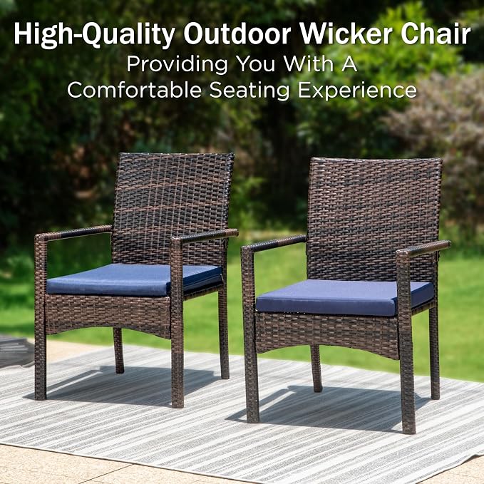 PHI VILLA Wicker Patio Dining Chairs Set of 6 with Removable Cushions | 6 Rattan dining chairs with thick removable seat cushions. Sturdy steel frame, easy assembly.
