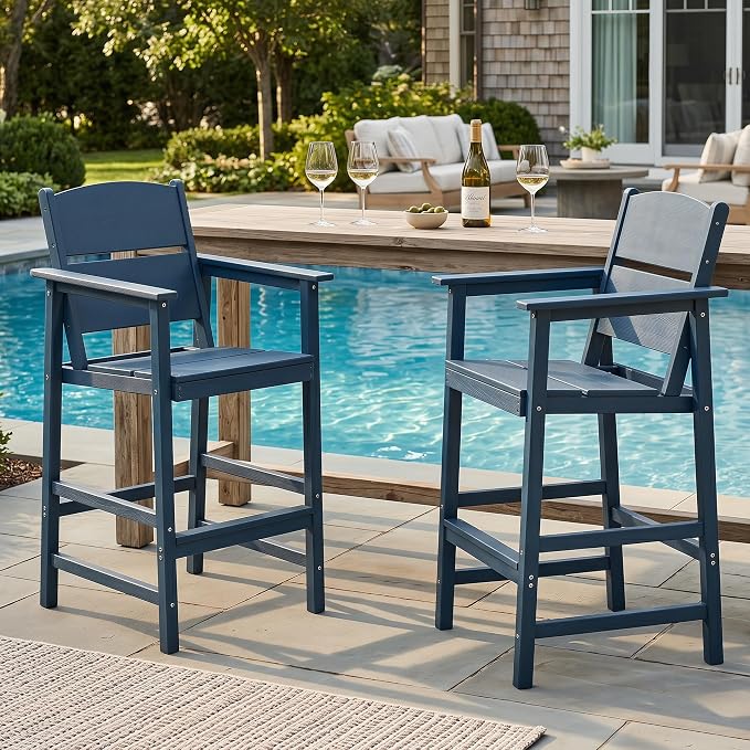 HDPE Outdoor Bar Chairs Set of 2, 28.5" Seat Height Bar Height Patio Stools with Armrest & Back, Heavy Duty All Weather High Top Chairs for Porch/Poolside/Deck, 400lb Capacity, Blue