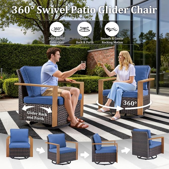 7-Piece Outdoor Patio Furniture Set with Swivel Chairs & Rattan Chairs, All-Weather Wicker Sofa Set for Garden, Yard, Porch and Poolside Seating Blue