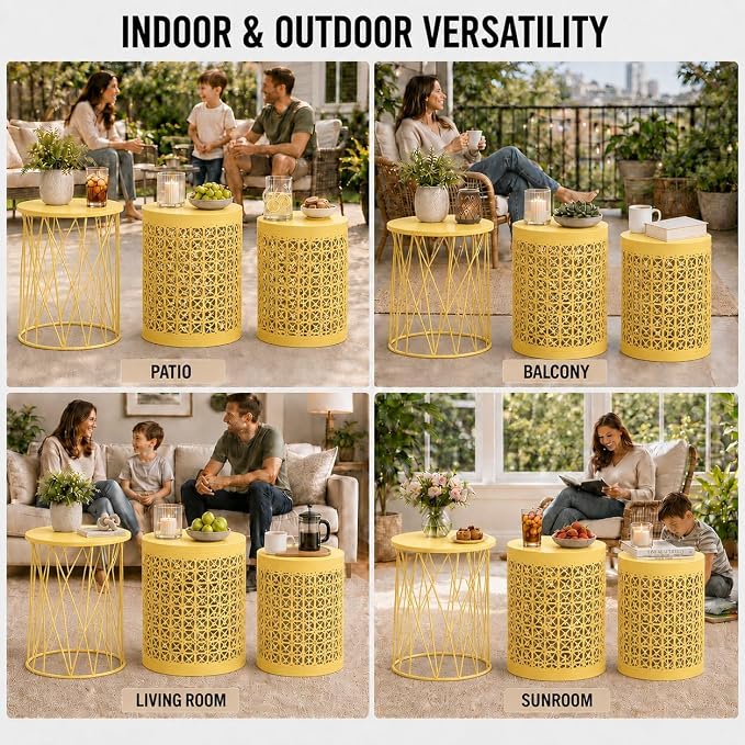 Y&M Outdoor Side Tables, Set of 3 Metal Stacking Patio Side Tables for Outside, Round Indoor End Tables, Coffee Accent Poolside Tables for Patio Garden Balcony, Yellow