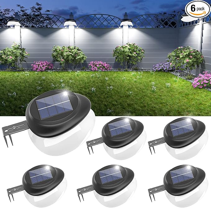 JSOT Solar Fence Lights, Bright Security Outdoor Backyard Lights Waterproof, Patio Decor Sign Lighting for Eaves Deck Pathway Garden Garage Stairs Wall 2 Installations Methods - White Light, 6 Pack